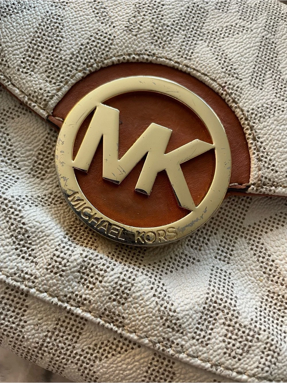 Michael Kors Cream Canvas & Brown Leather MK Logo Crossbody Bag